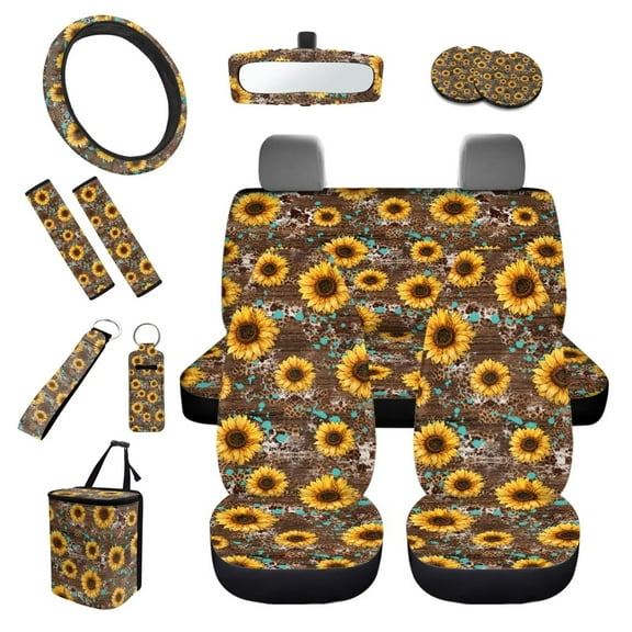 KUIFORTI Sunflower Car Seat Covers Full Set 13 Piece Car Seat Cover Steering Wheel Cover Seat Belt Cover Pad Keychain Lipstick Portable Sleeve Car Cup Coasters Car Garbage Bag Rear View Mirror Cover
