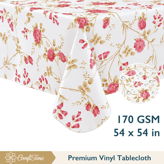 ComfiTime Vinyl Tablecloth - 54 x 54 Wipeable Plastic Table Cover, Flannel-Backed, Waterproof, Easy-Clean, Vintage Rose