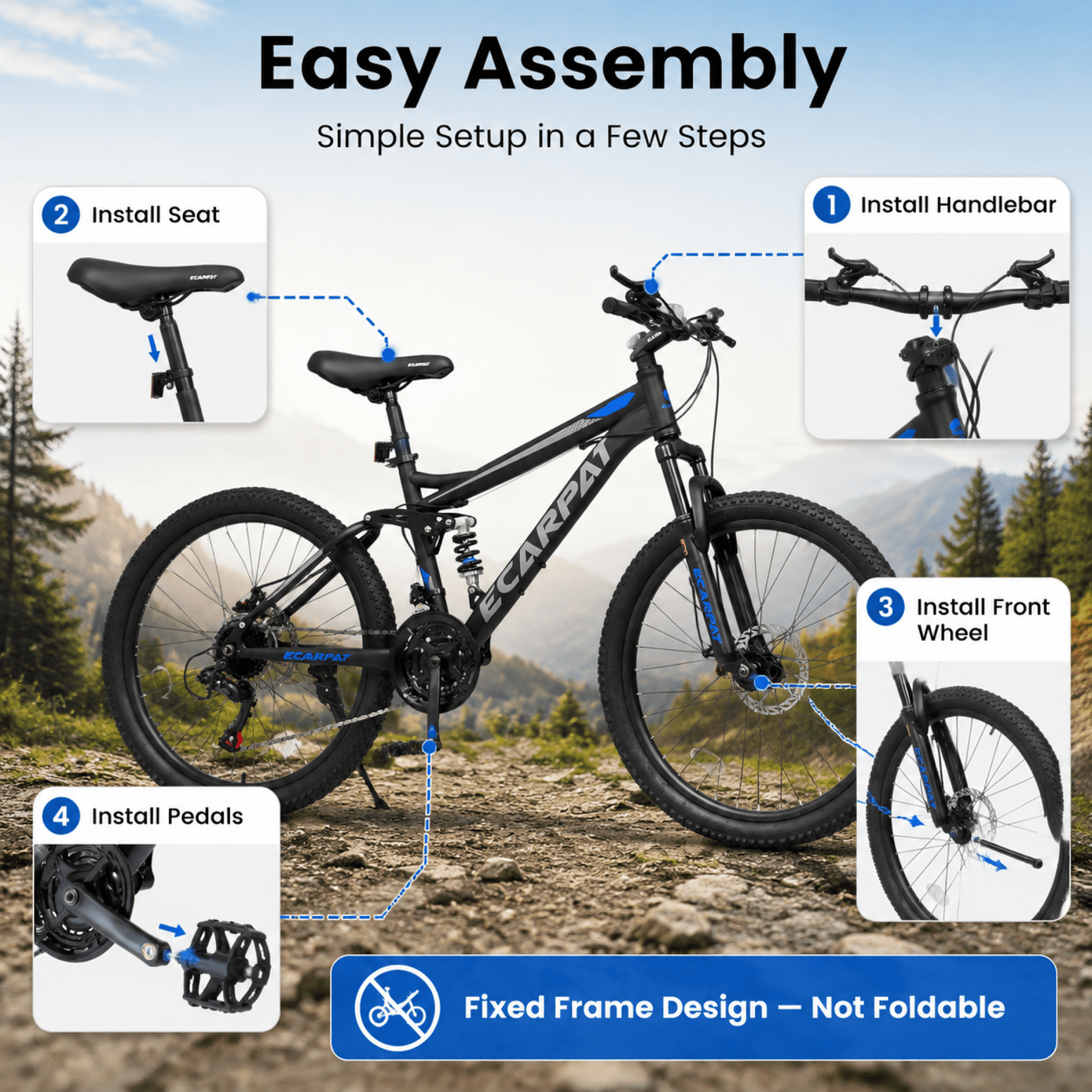 FUPOJH 26" Full Suspension Mountain Bike,21-Speed,Disc Brakes,250lb,Adult Unisex All-Terrain Bike,Black