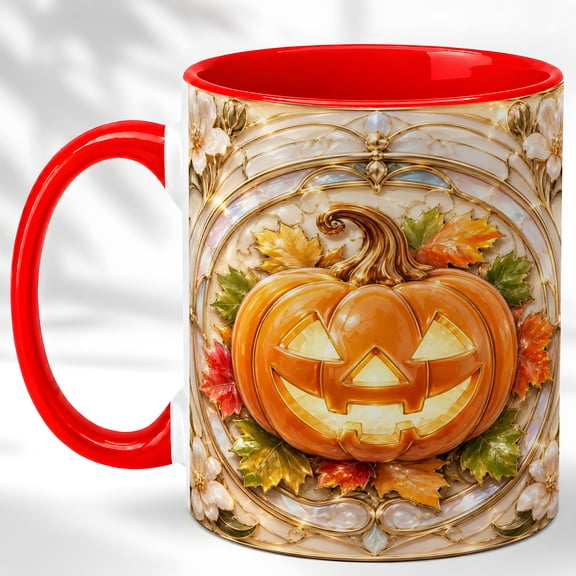 Smiling Pumpkin Accent Mug, 11oz Ceramic Coffee Cup for Halloween Fans