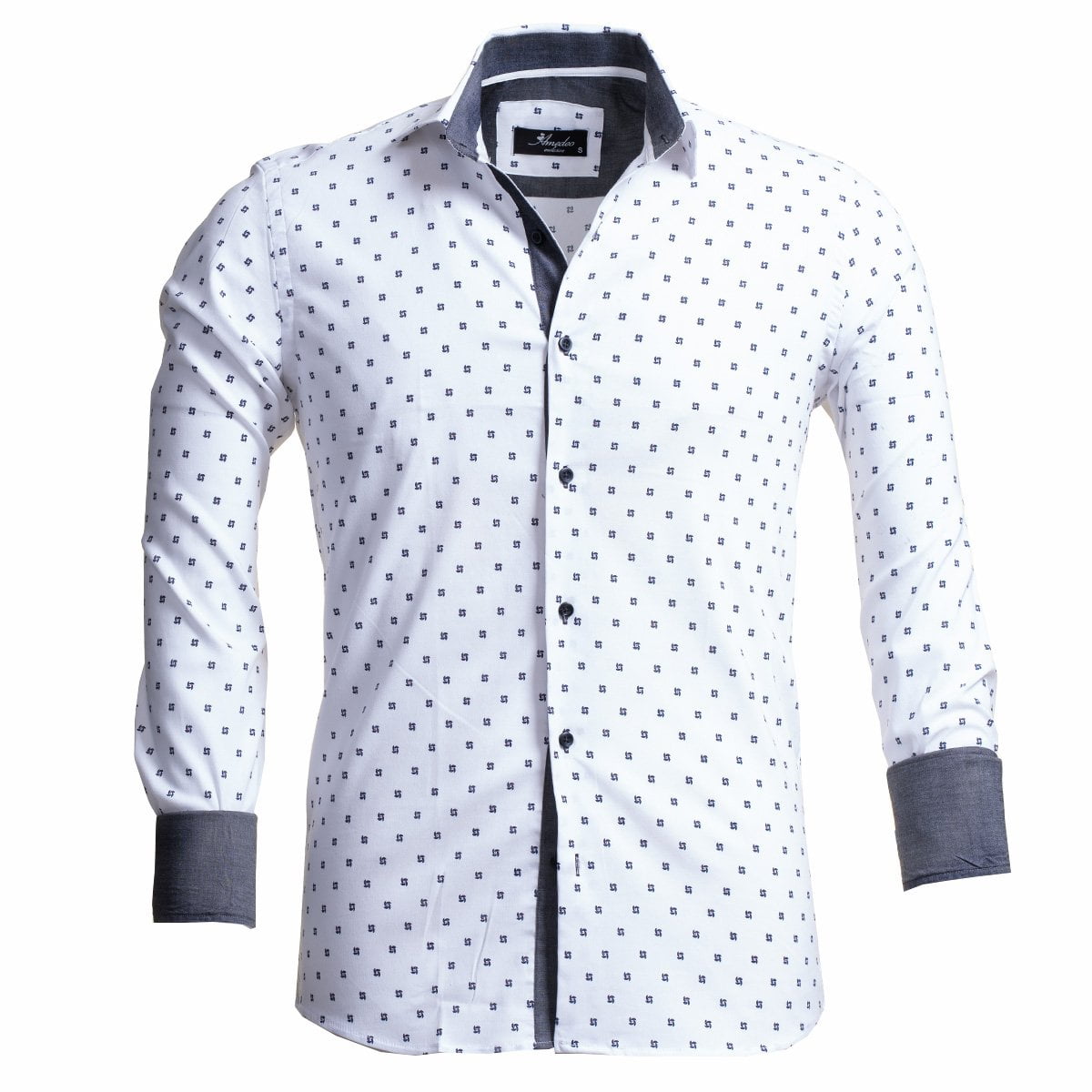 Amedeo Exclusive White With Black Dots Men's Slim Fit French Cuff Dress