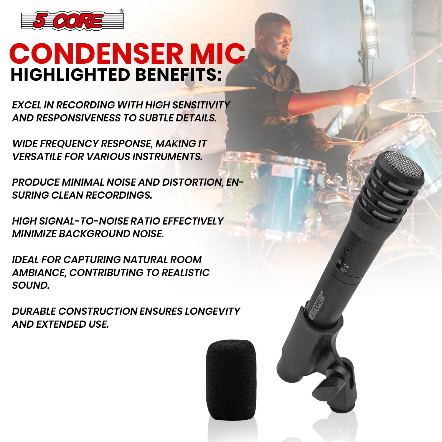 Professional Instrument Microphone Pencil Mic Condenser Cardioid Unidirectional Stick Microfono with Windscreen Mic Clip & Case -Black
