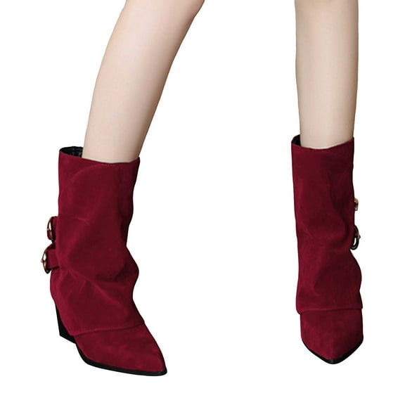 Women's Vintage Suede Buckle Strap Mid Calf Boots Wide Calf Pointed Toe Slip On Ankle Boots Chunky Low Heel Slouchy Fall Boots Red Size 6.5