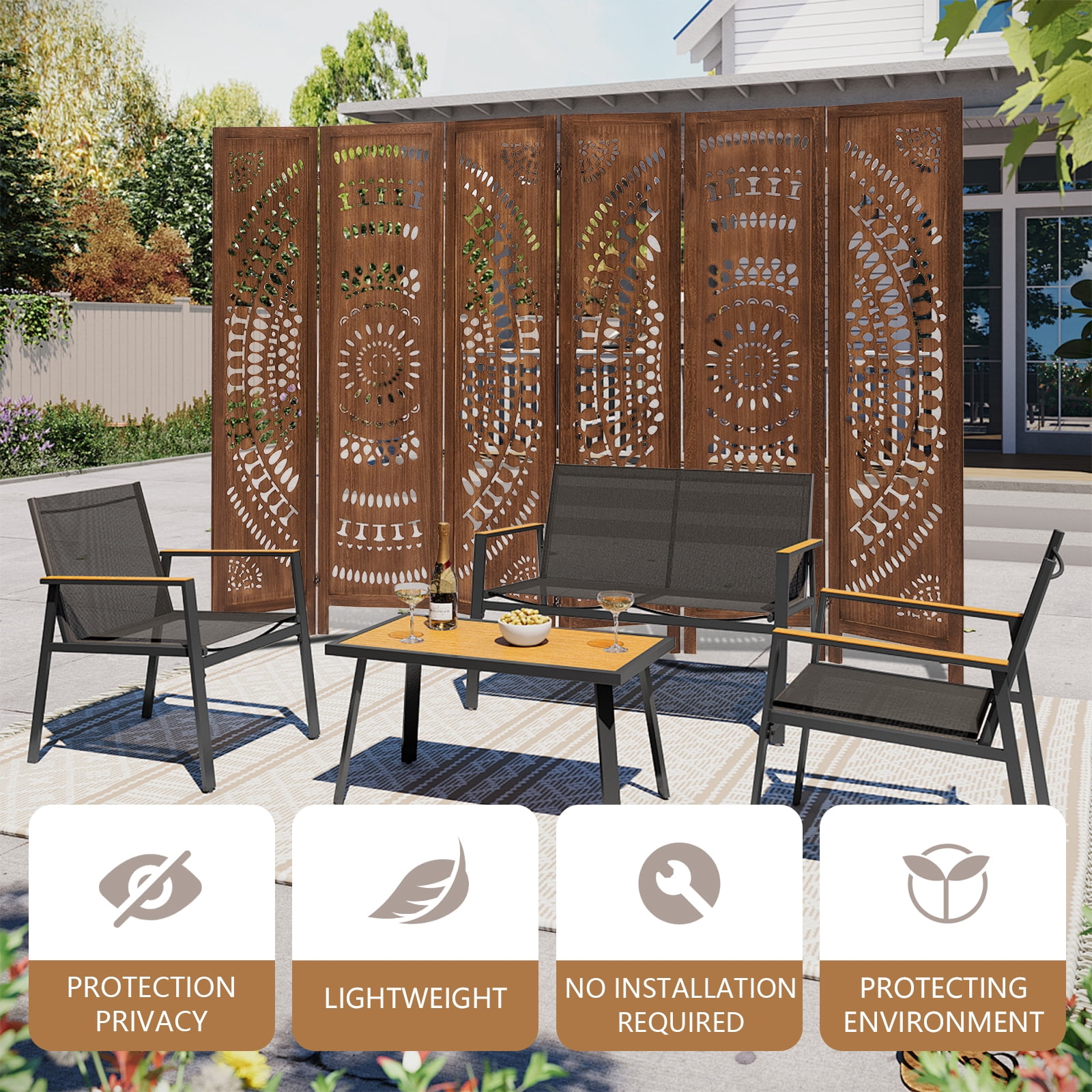 Aletheiawu 6 Panel Wood Carved Room Dividers and Folding Screens, No Mounting Require, Dark Brown