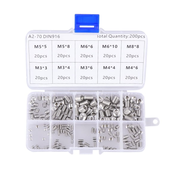 UPGRATOR 200Pcs Grub Screw Kit 304 Stainless Steel M3 M8 Silver Hexagon Socket Headless Screws Set
