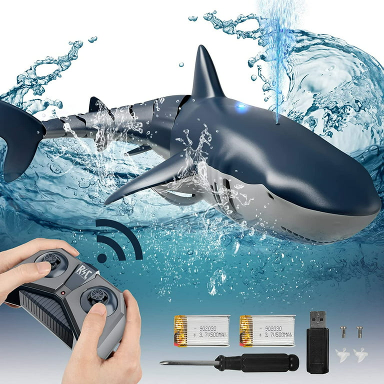 Remote Control Shark Toy,1:18 High Simulation Scale Fish with Light & Spray  Water for Swimming Pool Bathroom 2.4G Hertz RC Boat Toys for 5+ Boys Girls