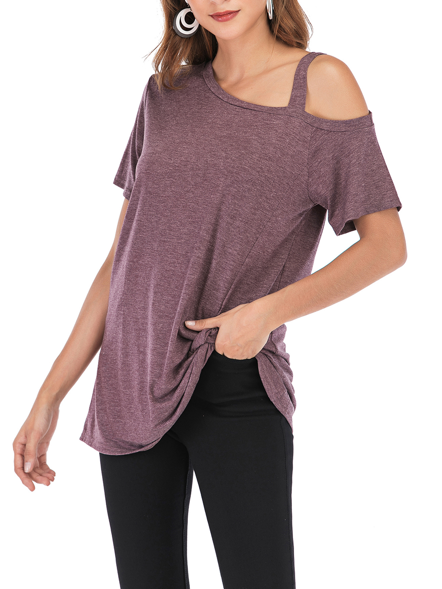 SAYFUT Women's Cold Shoulder T-Shirt  Plus Size Cold Shoulder Tops Short Sleeve Tops Blouse Fashion Knot Twist Front Blouse Tunic Tops S-2XL - image 4 of 8