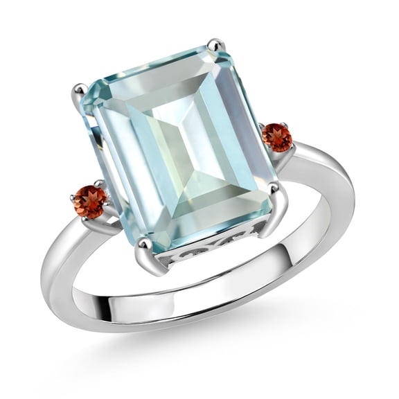 Gem Stone King 925 Sterling Silver 12X10MM Sky Blue Simulated Aquamarine and 2MM Red Garnet 3 Stone Engagement Ring for Women | 5.51 Cttw | Gemstone March Birthstone | Size 9
