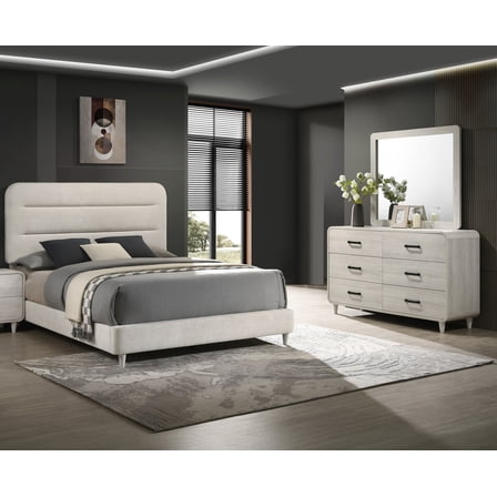 Contemporary 3pc Queen Upholstery Bed Dresser Mirror White Wooden Bedroom Set