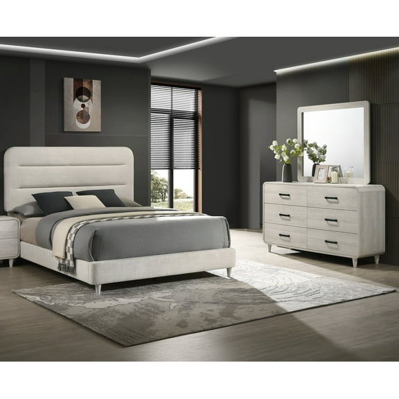 Contemporary 3pc Queen Upholstery Bed Dresser Mirror White Wooden Bedroom Set