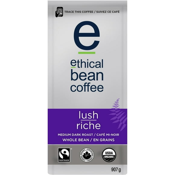 Ethical Bean Fairtrade Organic Coffee, Lush Medium Dark Roast, Whole Bean Coffee, 907g