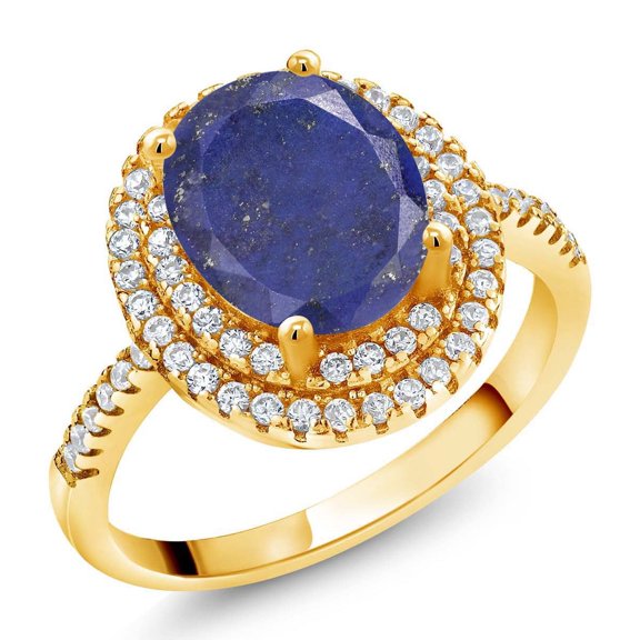 Gem Stone King 18K Yellow Gold Plated Silver Ring Lapis Moissanite (2.43 Cttw)