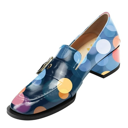 YDN Women Square Toe Strap Buckle Loafers Slip On Block Low Heel Pumps Retro Daily Wear Shoes Size 15 Blue Circle Print