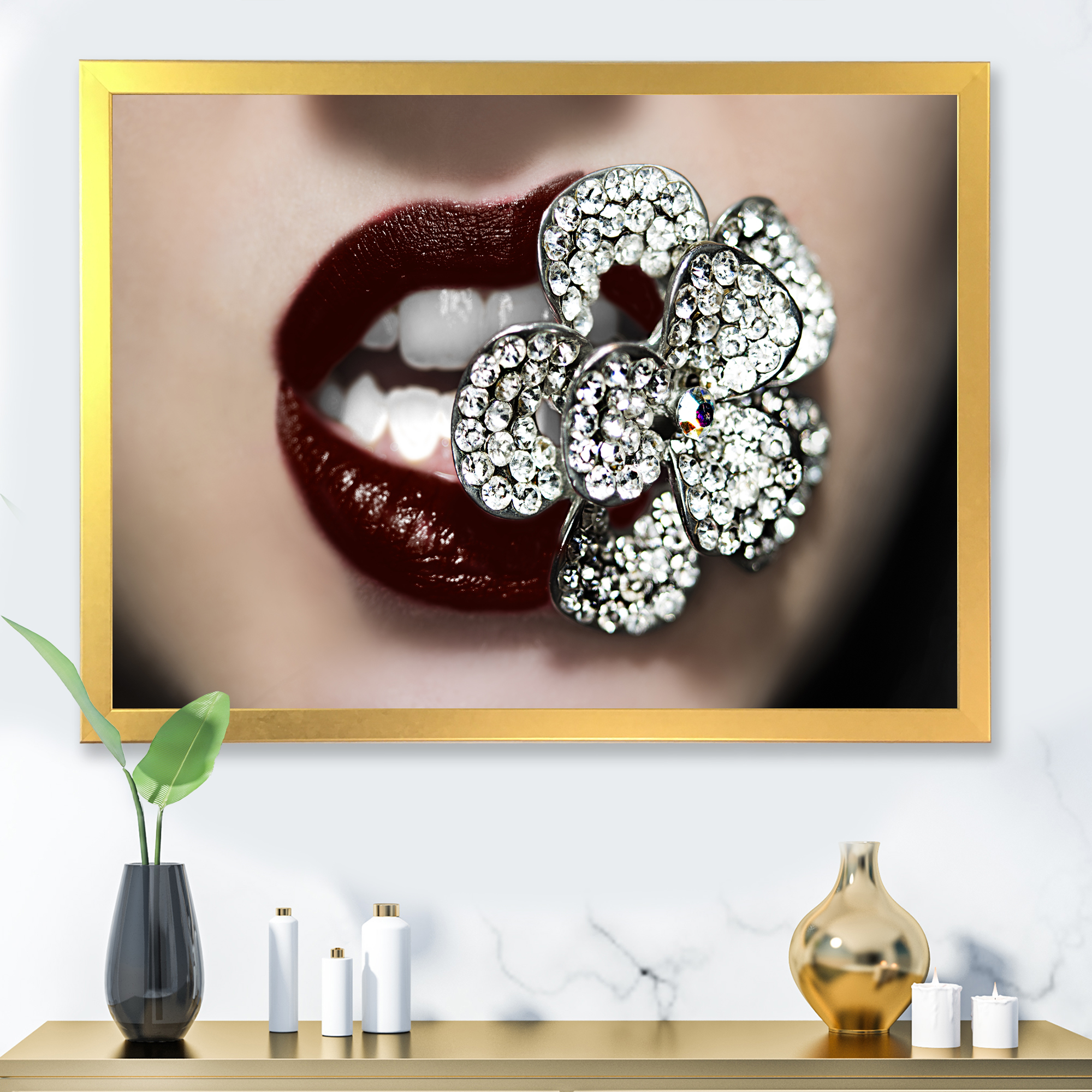 Designart 'Detail Of Sexy Red Girl Lips' Modern Framed Art Print