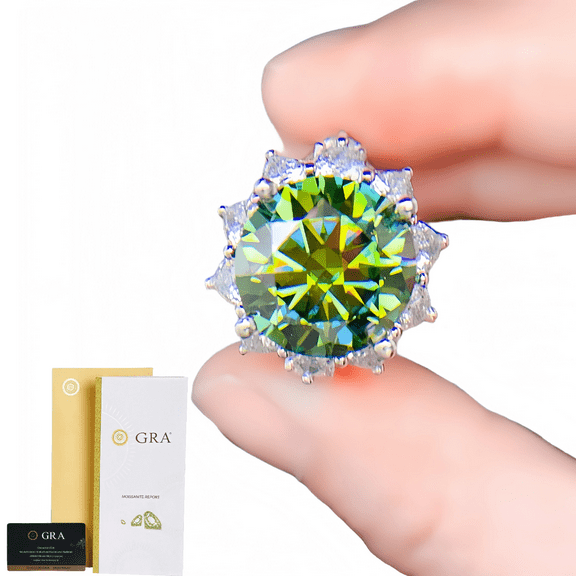 Lyee Cyee Vintage 10 Carat Green Moissanite Ring with Accent Stones Elegant Round Cut Gemstone 925 Sterling Silver 18K Gold Plated Double Halo Moissanite Ring for Women Wedding Set Bridal Set