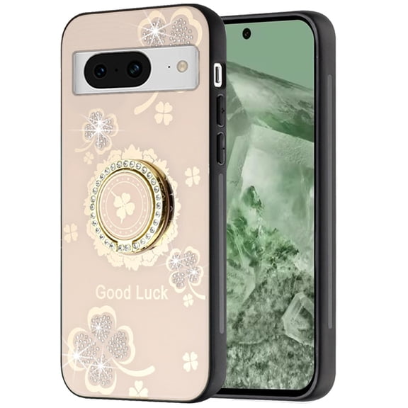 Designed for Google Pixel 8A Diamonds 3D Bling Sparkly Glitter Ornaments Engraving Hybrid Fashion Ring Stand Phone Case Cover [Gold Good Luck Floral]