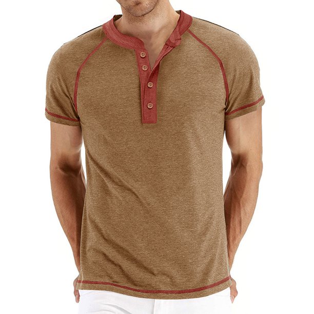 Men's Fashion Collar Color Block Shirt Casual Short Sleeved TopL