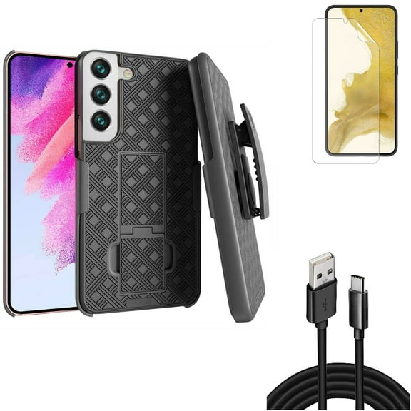 Matte Screen Protector & Case Belt Clip & 10ft USB Cable for Samsung Galaxy S22 (6.1") - TPU Film Anti-Glare & Holster Swivel & Type-C Charger Cord Accessory Bundle
