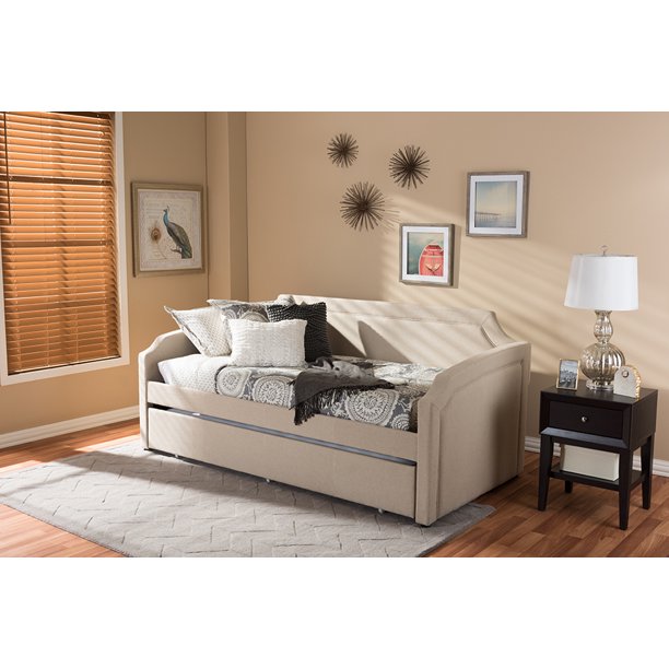 Skyline Decor Beige Linen Fabric Curved Notched Corners Sofa Twin