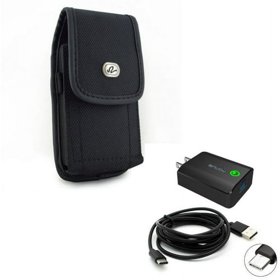 Black Vertical Rugged Canvas Case w 18W Adaptive Fast Home Charger 6ft Type-C USB Cable A7E for Acer Liquid Jade Primo - ASUS ROG Phone, ZenFone AR 4 Pro - Blackberry Motion