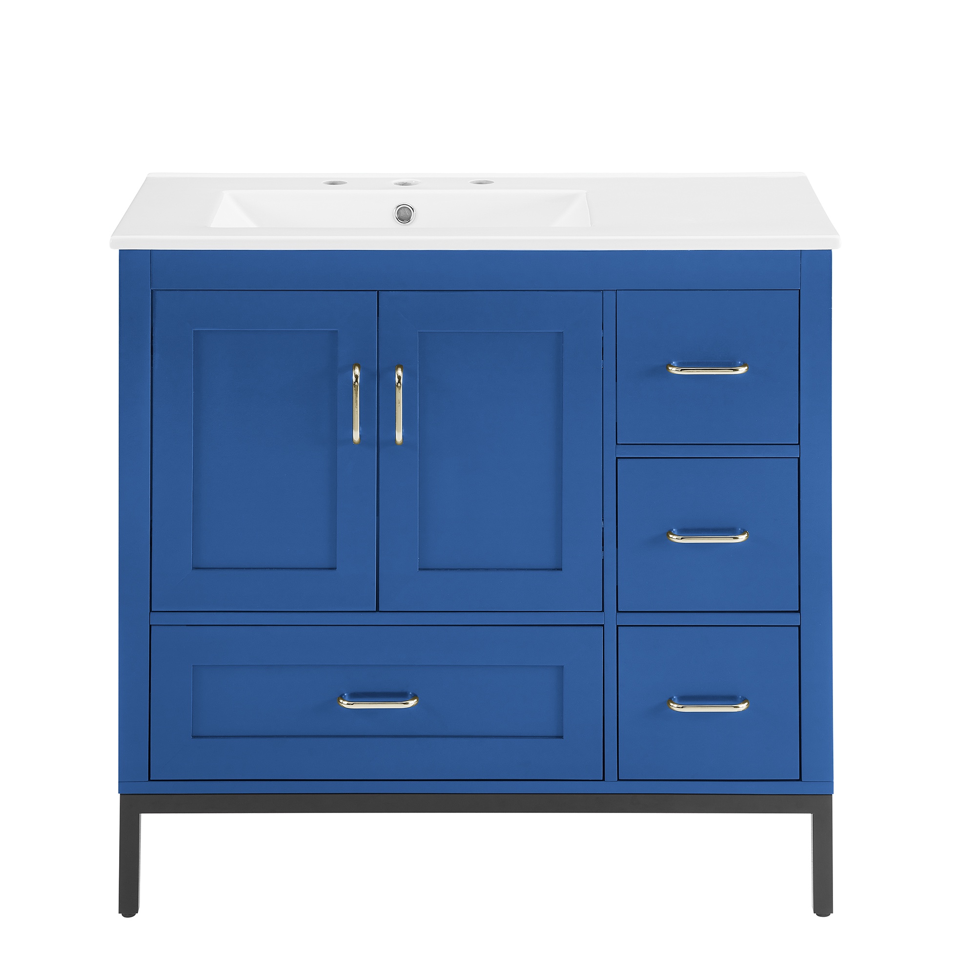 PORKISS Bathroom Vanity, Wooden Bathroom Vanity with Pedestal Under Sink, Freestanding Render Vanity with 2 Doors and 4 Drawers, Modern Vanity Cabinet for Bathroom, Blue