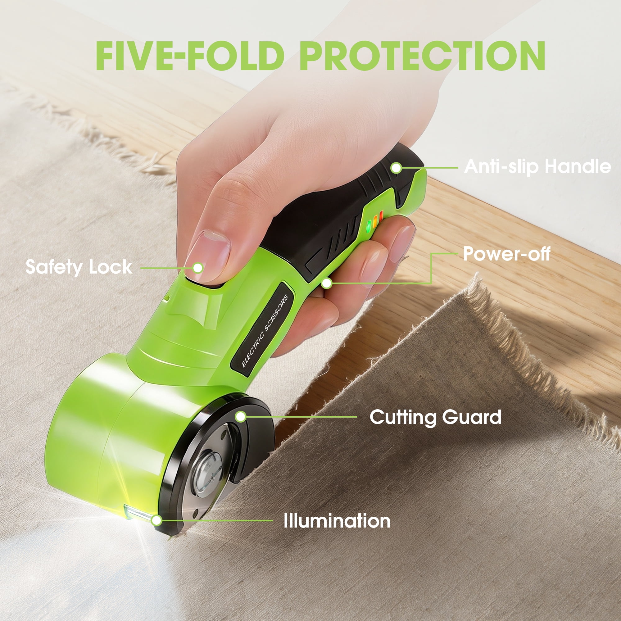 Green Cordless Electric Scissors, Professional Fabric Cutting Kit, With 3 Sharp Blades, Steel Ruler, Fabric Marking Pen, Storage Case, Delivers Smooth And Even Cuts