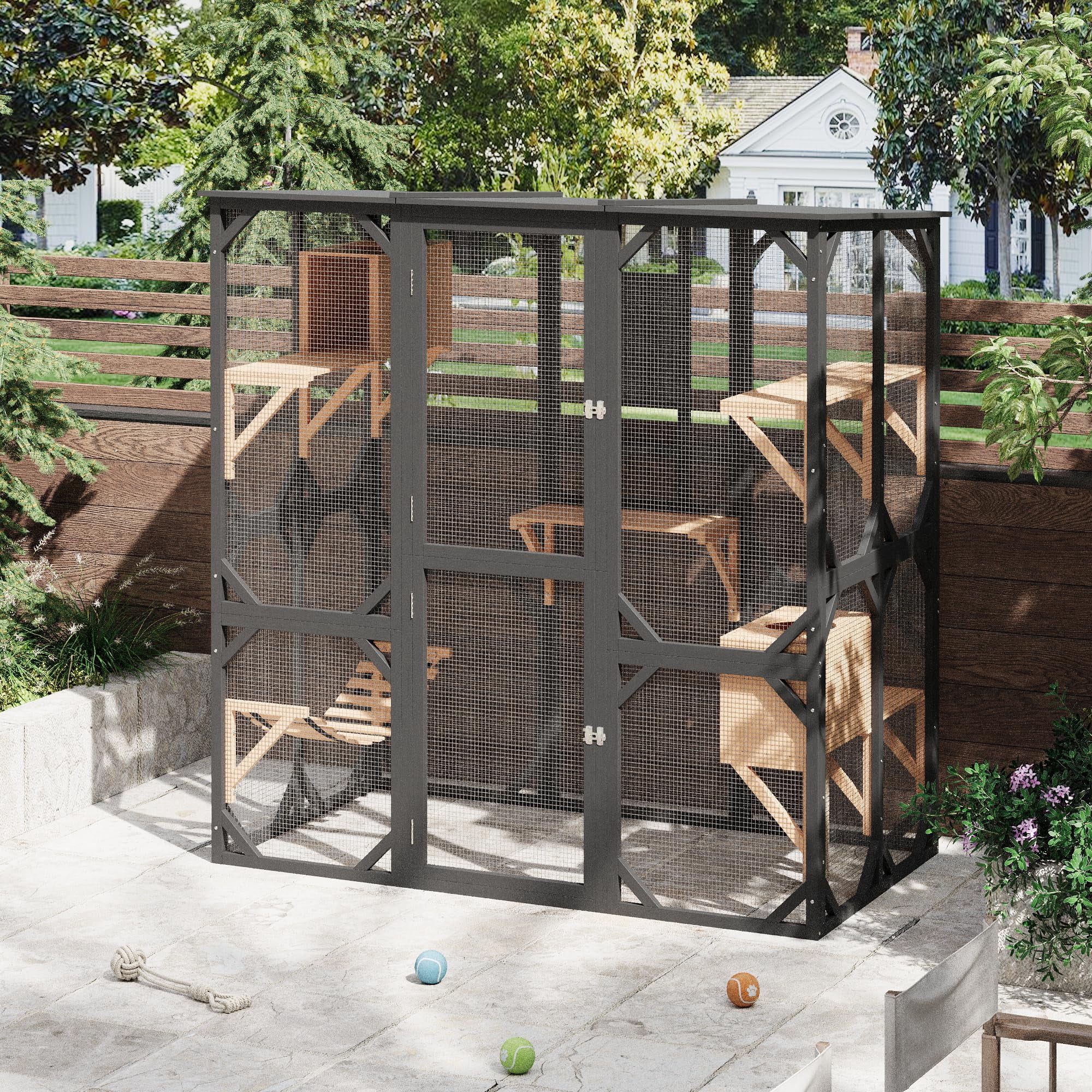 70 inch Walk-in Catio with Window Access, Extra Large Outdoor Cat Enclosure for Multiple Cats, Waterproof Roof Cattery with Bridge and Scratching Post Outside Cat Patio Playpen（ship in 2 boxes）