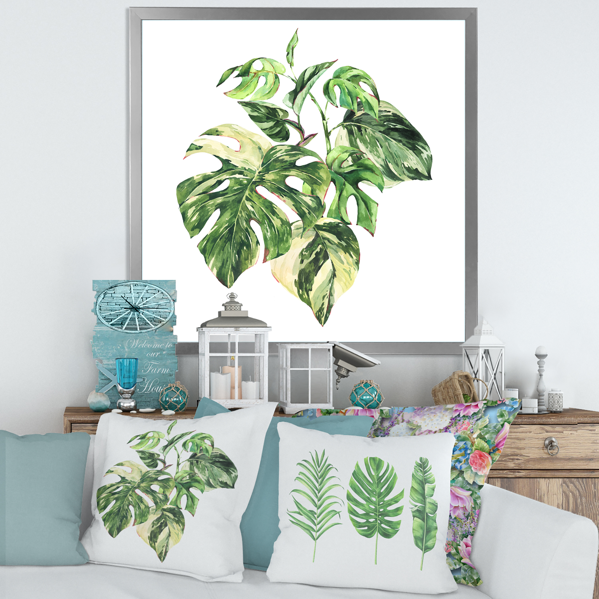 Designart 'Tropical Green Leaves On White In Summer Times I' Tropical Framed Art Print