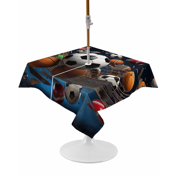 Sports Square Outdoor Tablecloth, Waterproof Table Cloth Cover with Umbrella Hole and Zipper, Football Basketball Baseball Ball Games Table Protector for Patio Party Picnic 60"x60"