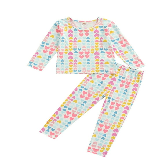 Valentine‘s Day Toddler Baby Girls Pajama Sets Heart Printed Pullover Tops+Pants 2pcs Sleepwear White 2-3 Years