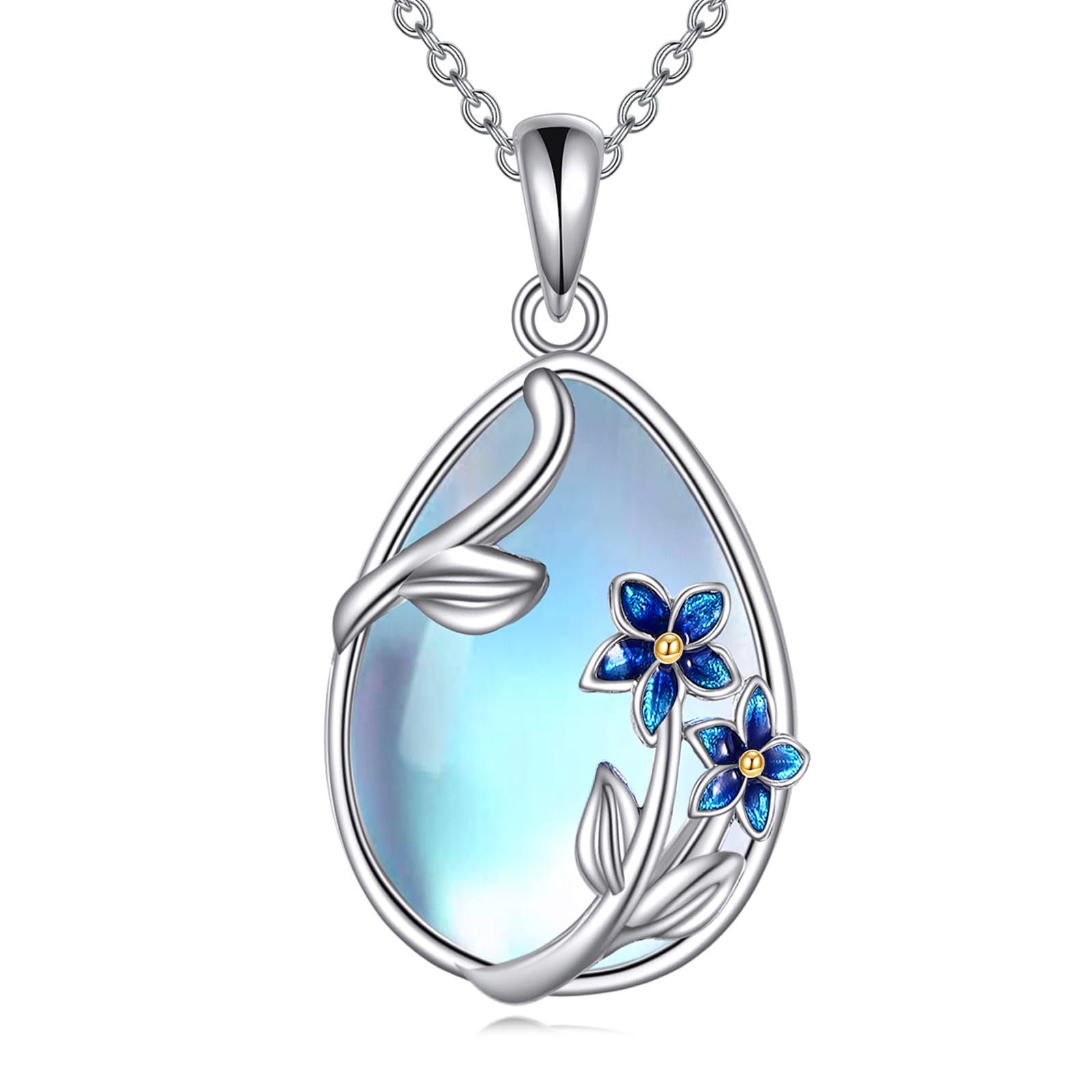 YAFEINI Moonstone Necklace with Forget-Me-Not Sterling Silver Flower Pendant Necklace Gift for Women