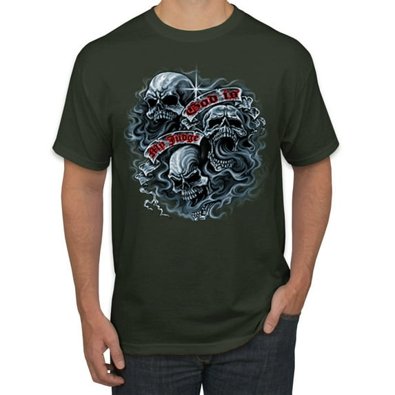 Wild Bobby, God Is My Judge Smokey Gray Skull Dark Pop Culture Men's Graphic T-Shirt, Forest Green, X-Large