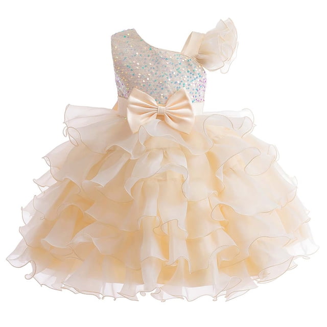 Zpanxa Girls Flower Dress Colorful Gradient Irregular Bow Princess Puffy Polyester Dress Beige 7-8 Years