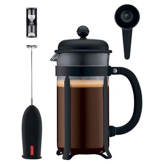 Java Coffee Press 4pc Set - Black: French Press Coffee Maker with Battery-Powered Frother & Scoop, 8 Cup Capacity