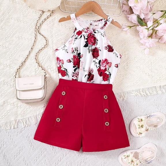 Big Girls Shorts Set Outfits Set Sleeveless Matching Sets Summer Neckline Top Double Buttons Shorts Set Clothes Set Brick Red 13-14 Years