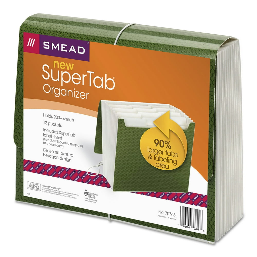 Smead SuperTab Expanding File, 12 Pockets, Letter, Green