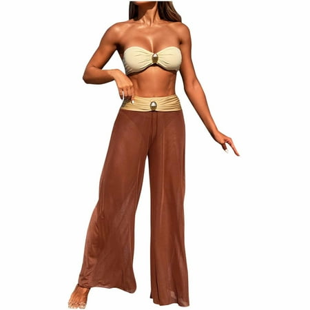 Wyobmus 3 Piece Swimsuits for Women Tummy Control Bikini Set With Beach Cover Up Mesh Pants Strapless Tube Tops Swimwear Khaki