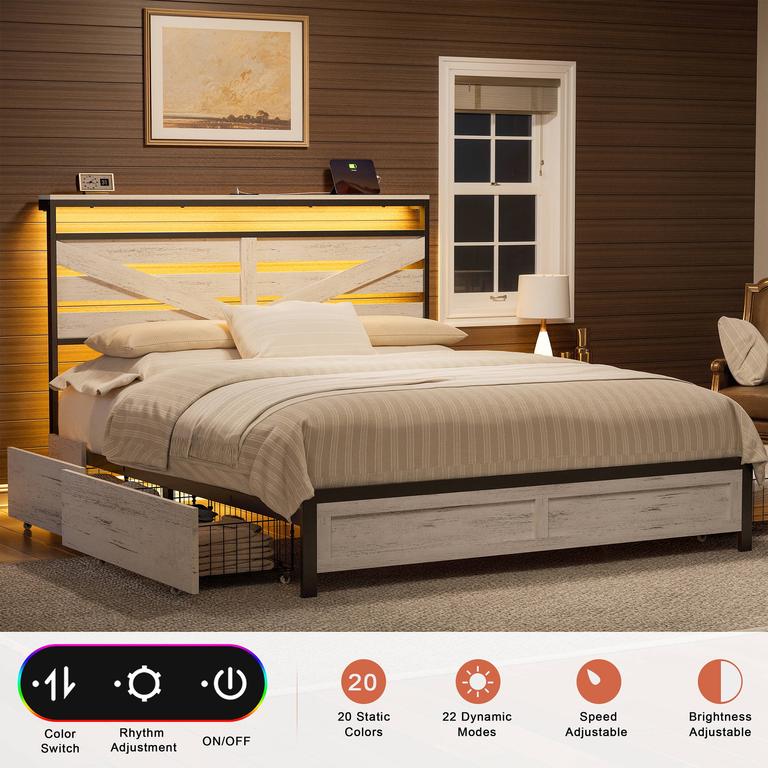 GUNAITO Queen Bed Frame with Storage Headboard & 4 Drawers, Industrial Metal Platform LED Bed with USB Ports & Outlets, Light Gray