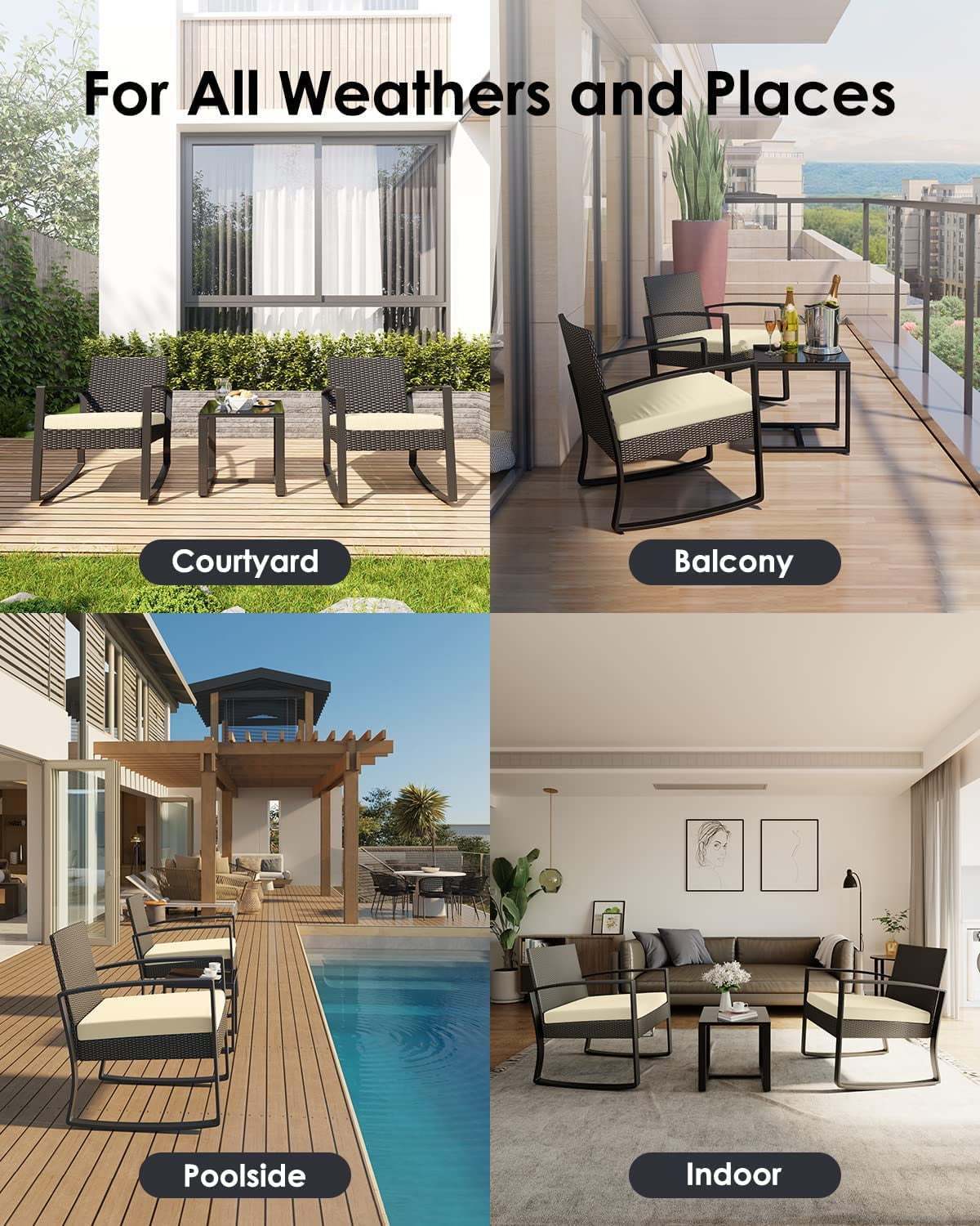 3-Piece Porch Balcony Furniture Set, Lofka Patio Rocking Chairs Set with Small Glass Table for Conversation and Break Time, Beige Cushion