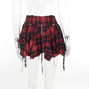 Aellinatey Dark Goth Women Checkered Pleated Ruffle Eyelets Bandages A Line Mini Skirt