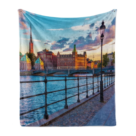 Cityscape Soft Flannel Fleece Blanket, Scandinavian Stockholm Old Town Sweden by Lake Gamla Stan View Autumn Day Scenery, Cozy Plush for Indoor and Outdoor Use, 60" x 80", Multicolor, by Ambesonne