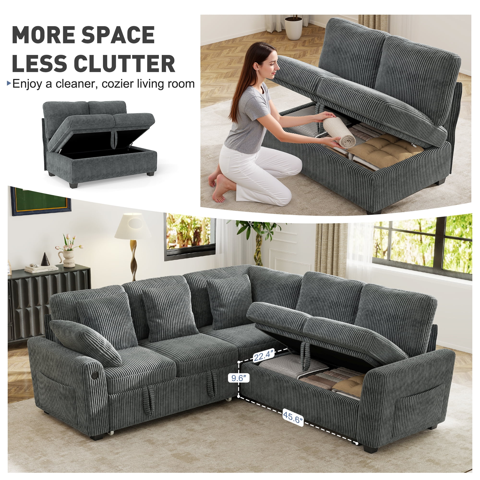 BedLuxury 83 Sectional Sleeper Sofa with Pull Out Bed L Shaped Couch with Storage Seat for Living Room Gray