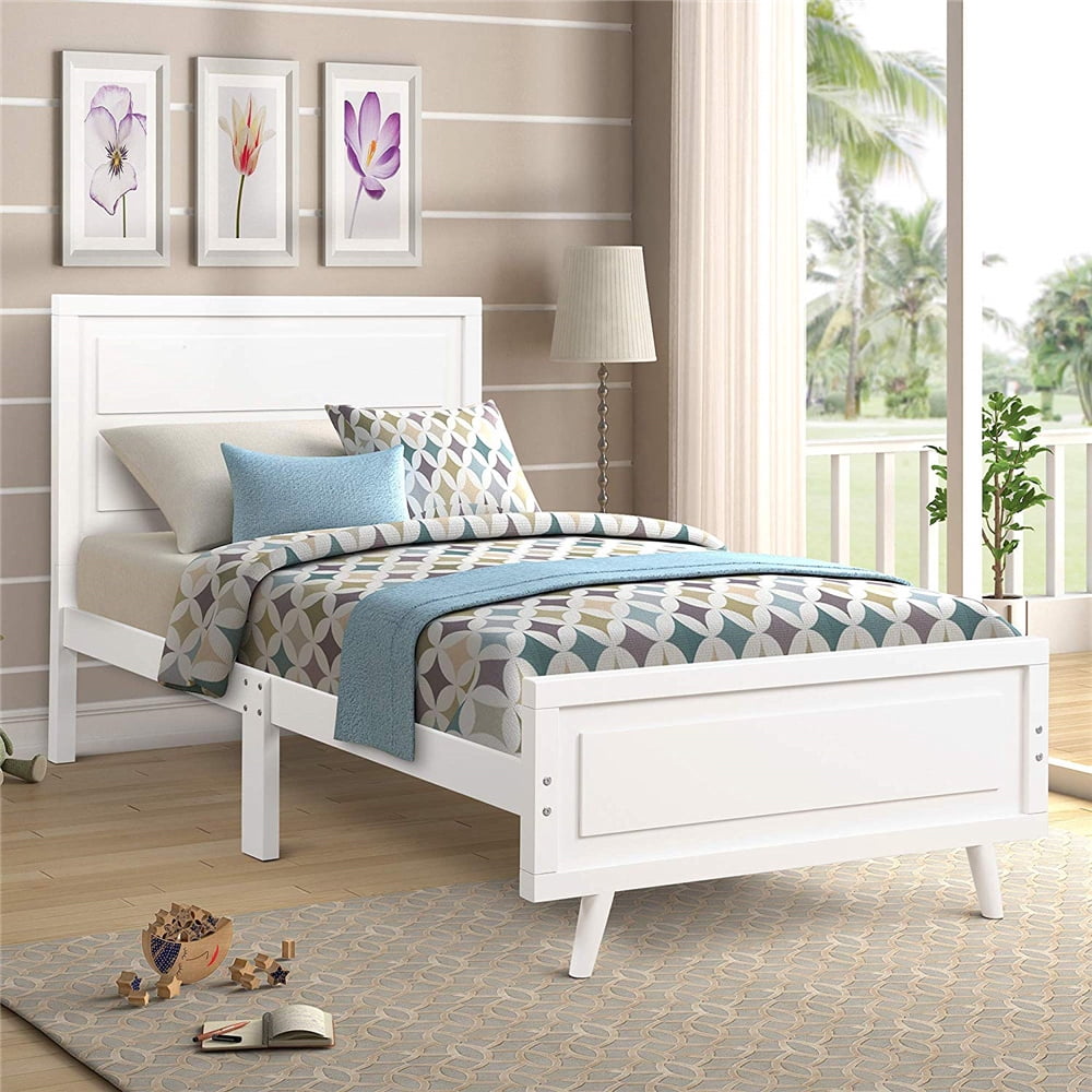 White Twin Bed Frame, Modern Wood Platform Bed Frame with Headboard and