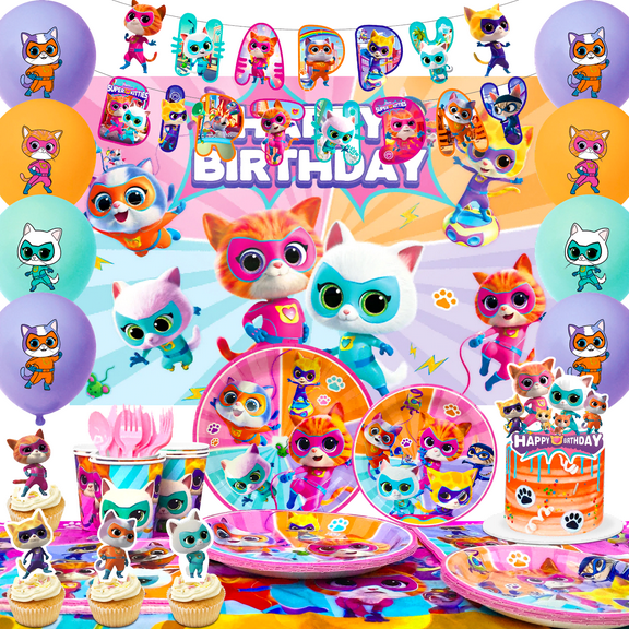 Super Kitten Squad Birthday Party Decorations,112Pcs Cute Cat Hero Theme Accessories - Super Kitten Squad Backdrop Plates Ballons etc Party Supplies for Super Kitten Themed Birthday Favors & Decor