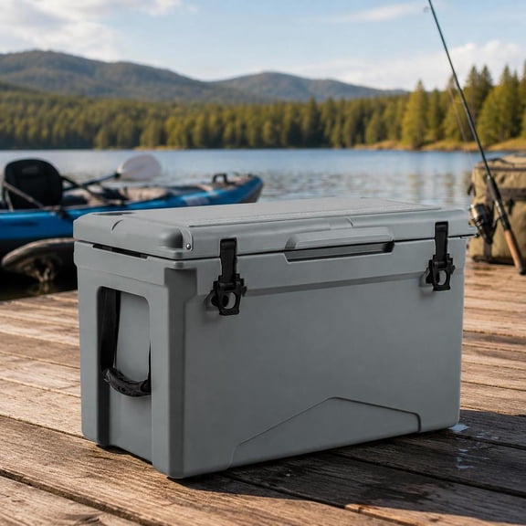 Rotomolded Cooler, 50 Qt, Insulated Ice Chest, Portable with Built-in Cup Holders, Gray