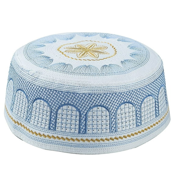 Hot Sale!BKQCNKM Kufi Hats for Men, Muslim Hats for Men, Muslim Cap for Men, Muslim Cotton Embroidered Flat Hat for Men, Eid Gift, Blue 1 S