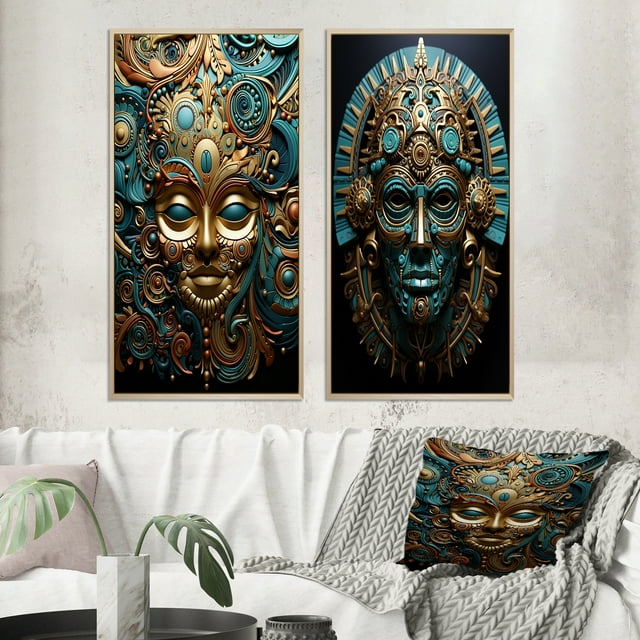 Designart "Gold Blue Mexico Vibrant Aztec Mask II" Mexico Framed Wall Art Set Of 2 - Gold Landscapes Frame Gallery Set For Office Decor