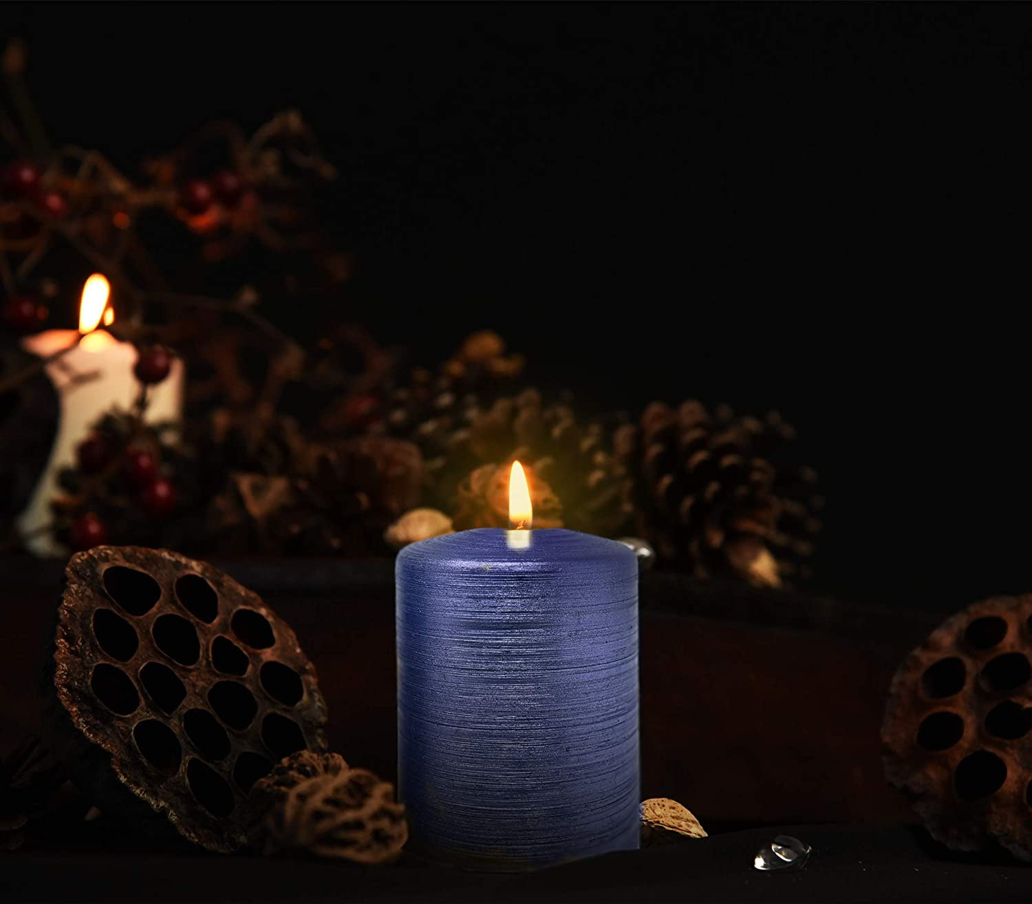 Hyoola, 2.75 x 5 Unscented Navy Blue Brushed Metallic Rustic Pillar Candles, Paraffin Wax with Cotton Wicks, 6-Pack