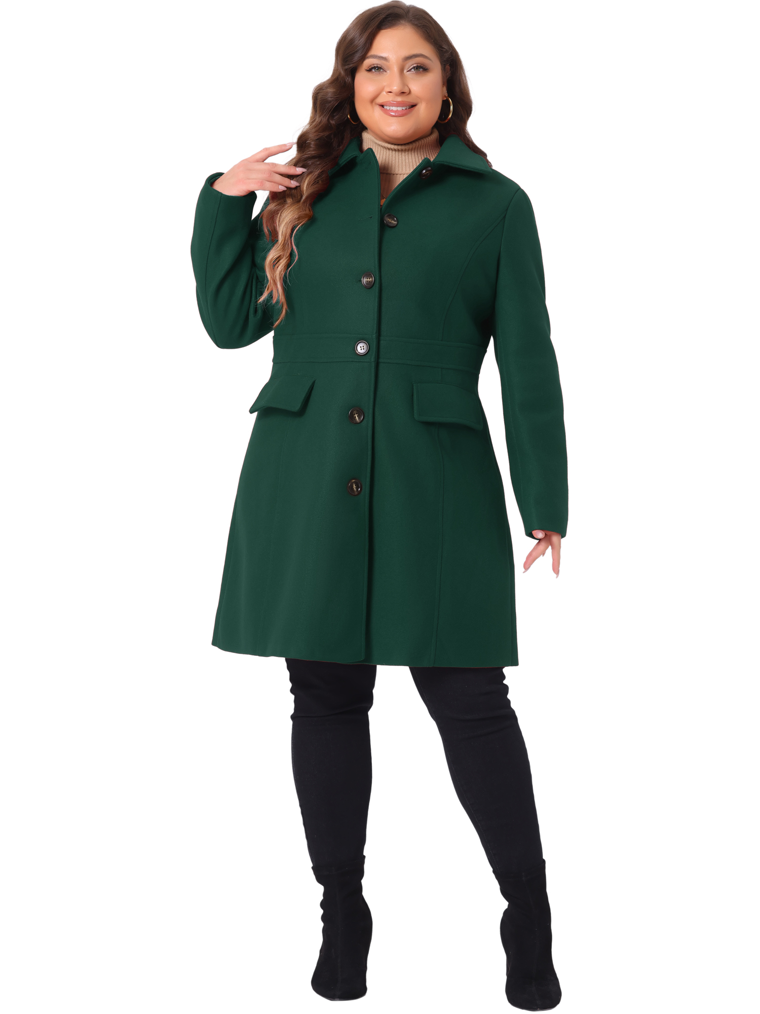 DARING DIVA Women's Plus Size Peter Pan Collar Single Breasted Coat 2X Dark Green
