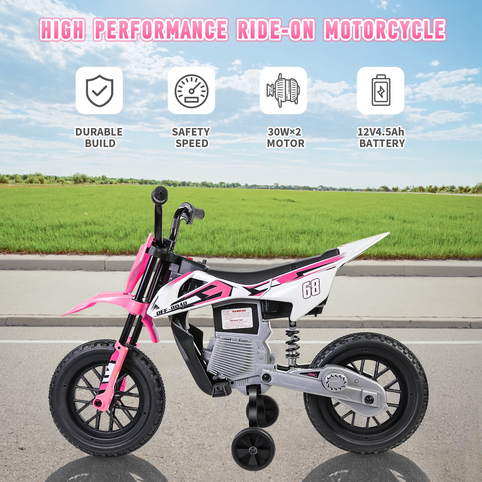 Farmdex 12V Electric Dirt Bike, Kids Ride on Motorcycle with 2 Training Wheels, Electric Motorcycle for Kids with Twist Grip Throttle, Built-in Music, 30W*2 Motors, Pink